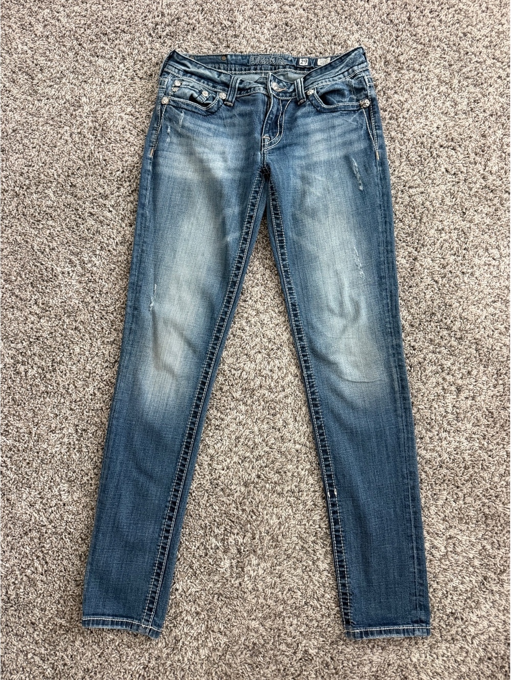 Miss Me JP533557 Skinny Jeans Embroidered Rhinestone Pocket Low Rise Size 29